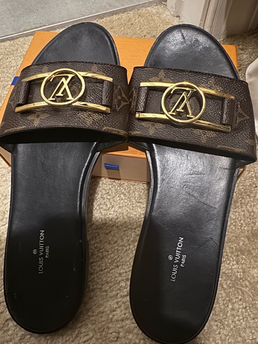Louis Vuitton Brown Monogram Slide Sandals with Gold Hardware